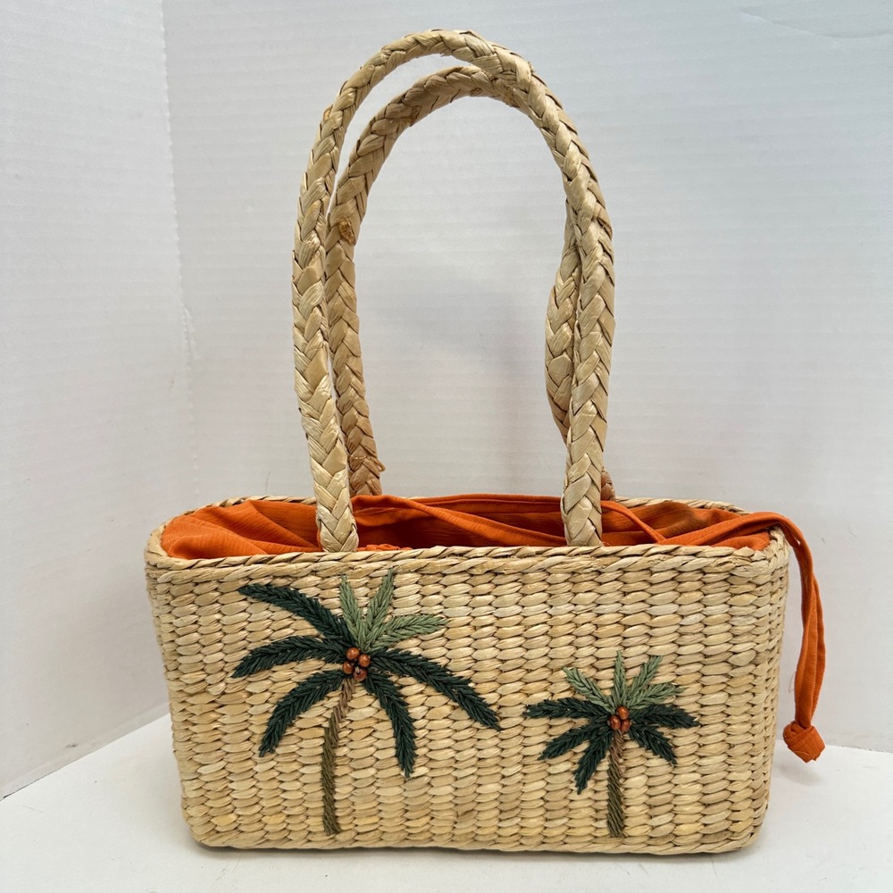Tommy Bahama Straw Tote Bag and Matching Slide Sandals Set Palm Tree Orange